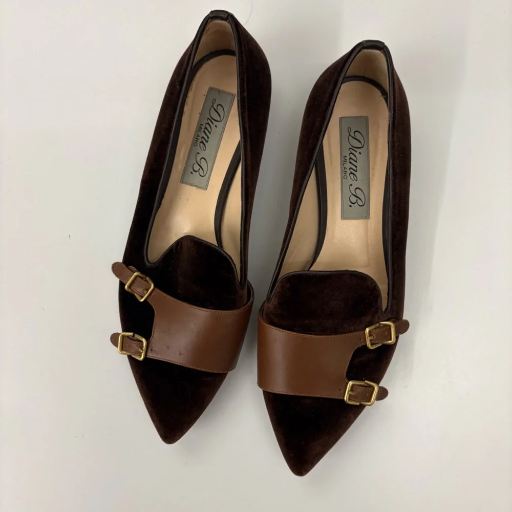 Diane B || Velvet Monkstrap Flats Point‎ Brown